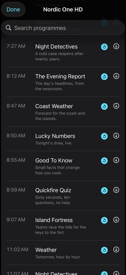 A channel's schedule: every past programme carries replay and download buttons